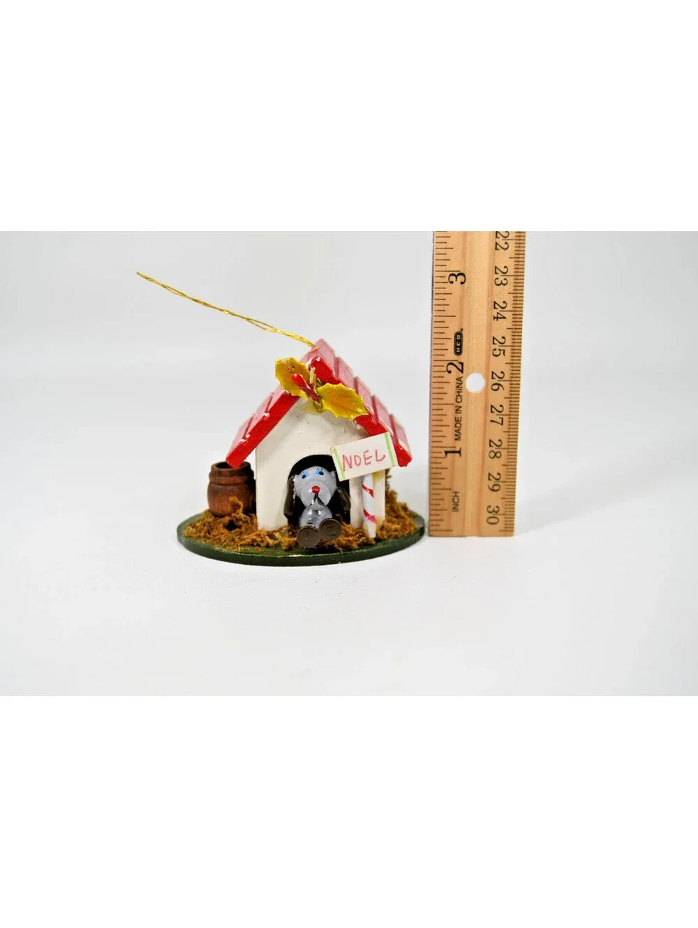 Dog in Dog House Wood Christmas Ornament Noel Vintage Germany Hand Painted Noel